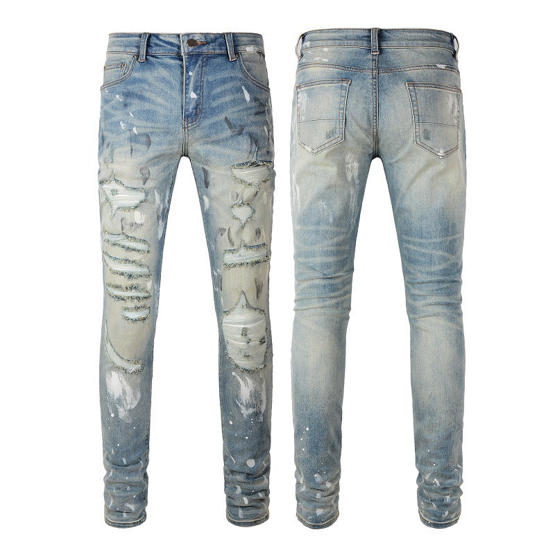 Cross-border Jeans Trendy Brand Retro Paint Ripped Patch Men's Jeans Slim Fit (6530-8830)