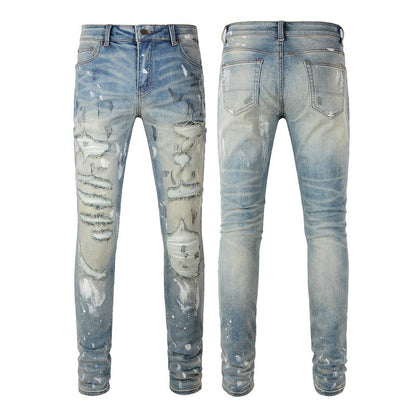 6530 Cross-border Jeans Trendy Brand Retro Paint Ripped Patch Men's Jeans Slim Fit