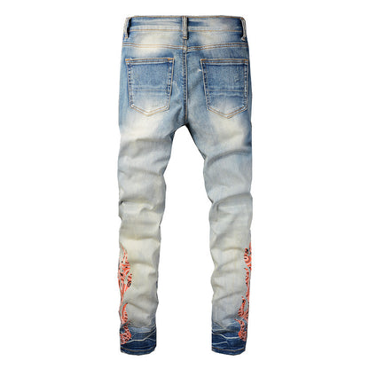 European and American Street Trendy Ripped Patch Jeans High Street Trendy Men's Printed Slim-fitting Pants #836