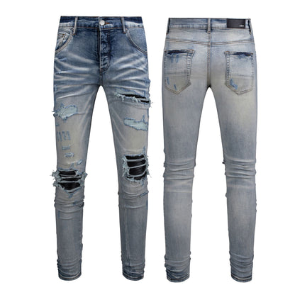 Men's Slim Fit Black Jeans with Street Style Patches, Vintage Wash, and Ripped Details