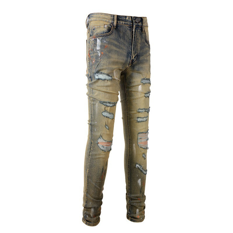 High Street Trendy Graffiti Ripped Patch Jeans Vintage Stretch Slim Jeans #6557