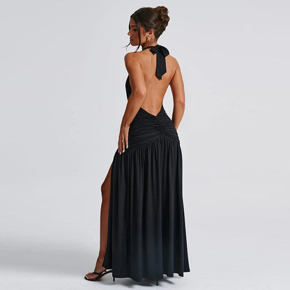 New Fashionable Sexy Fitted V-Neck Solid Color Halter Neck Dress with Side Slit for a Flirty Look D1993554