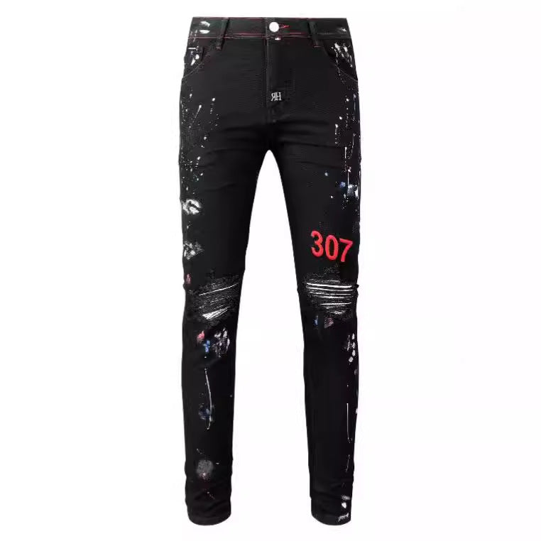 Slim Fit Straight-Leg Jeans with Ripped, Embroidery, and Paint Details for Street Style