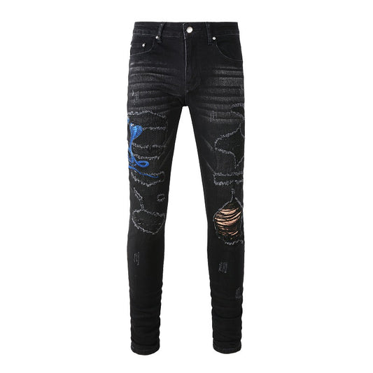 Street Trend Embroidery, A Patch, Small-footed Jeans, Men's Personalized Large-size Casual Pants #1345