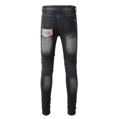 Street Denim Ripped Micro-elastic Cotton Youth Black Paint-splashed Back Bag Print Skinny Jeans #859