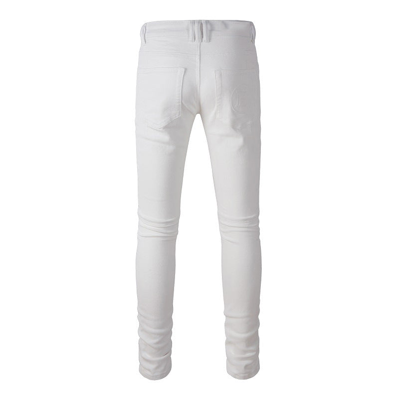 High Street Trendy Motorcycle Jeans Men's White Spliced Trousers Trendy Men #1100