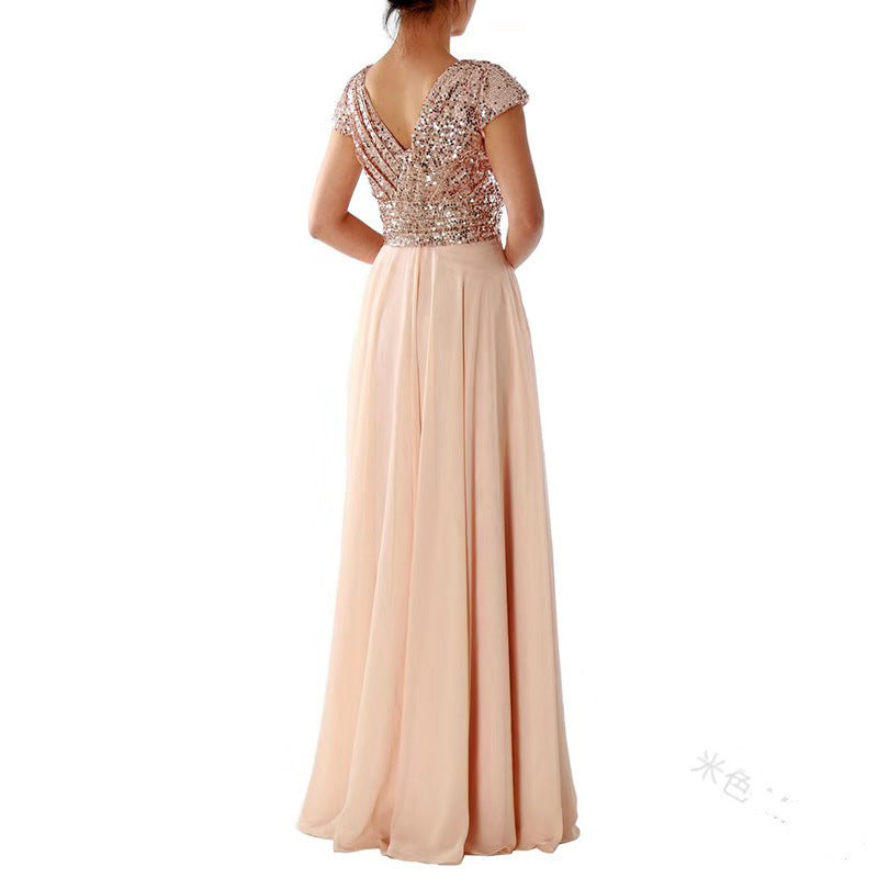 New V-Neck Sequin Chiffon Patchwork Evening Gown Maxi Dress YQ1417