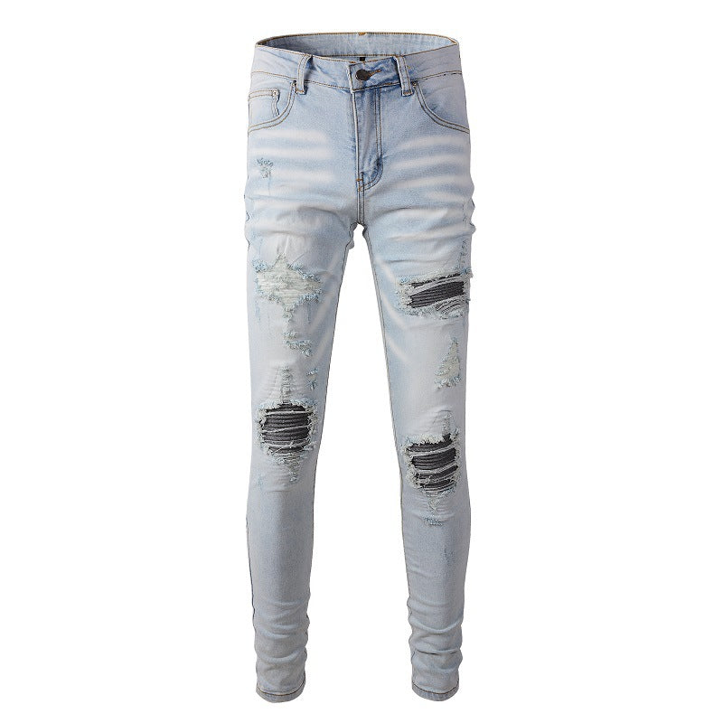 High Street Trend Light Blue Patch Embroidery Flower Patch Slim Fit Ripped Jeans Men