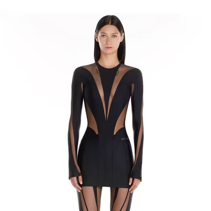 Trendy Sheer Little Black Dress with Mesh Panels and Bodycon Fit