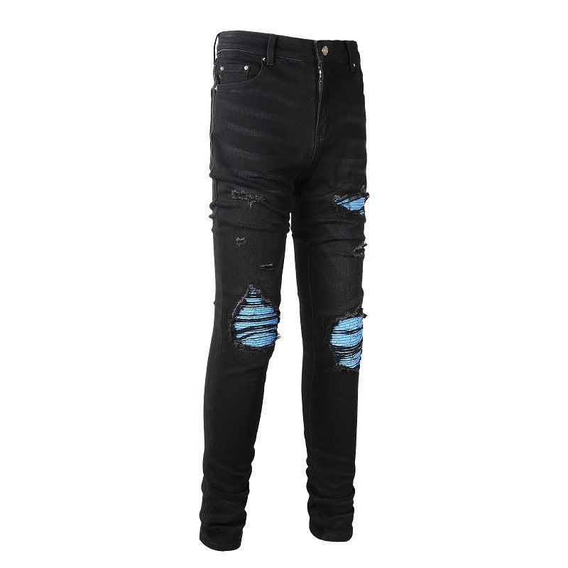 Men's Slim Fit Blue Jeans with Patchwork and Wrinkle Design for Street Style