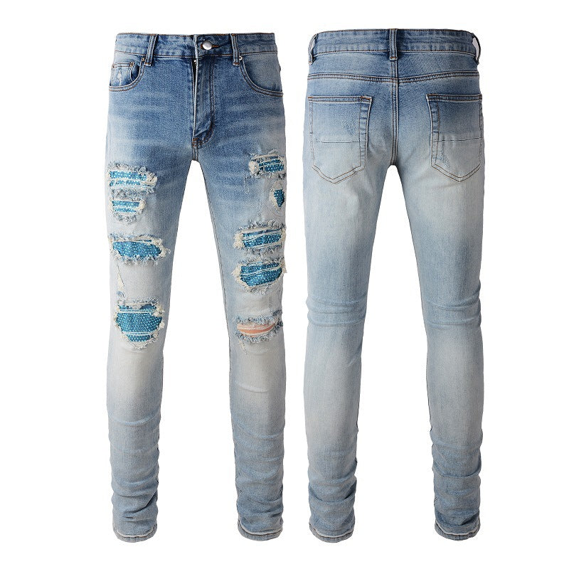 Jeans ajustados elásticos con parches High Street rotos y rotos de Blue Diamond Hot Diamond de Cross-border 