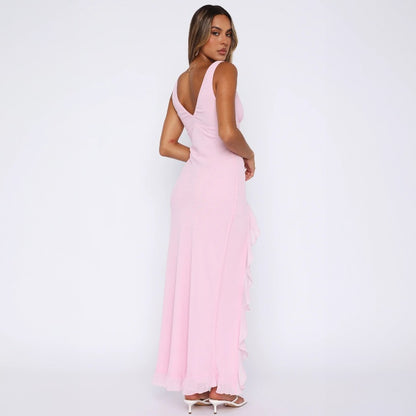 New Fashion V-Neck Sleeveless Ruffled Backless Slit Dress D1993400