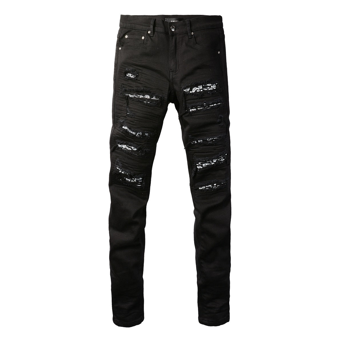 Slim Fit Black Stretch Jeans with Versatile Design and Faux Leather Panels