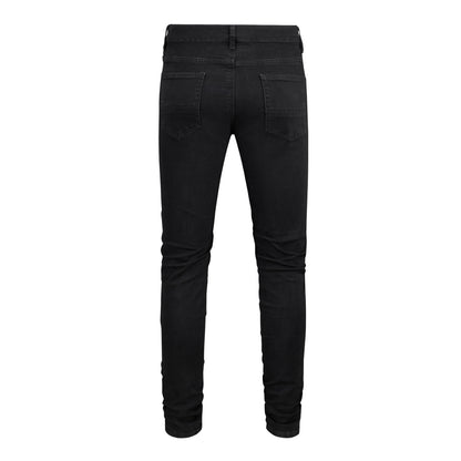 Men's Slim Fit Black Jeans with Patchwork, Wrinkle Details, and Ripped Design