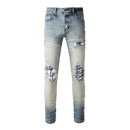 High Street Jeans Trendy Men's Ripped Black and White Patch Beggar Slim Jeans #1336