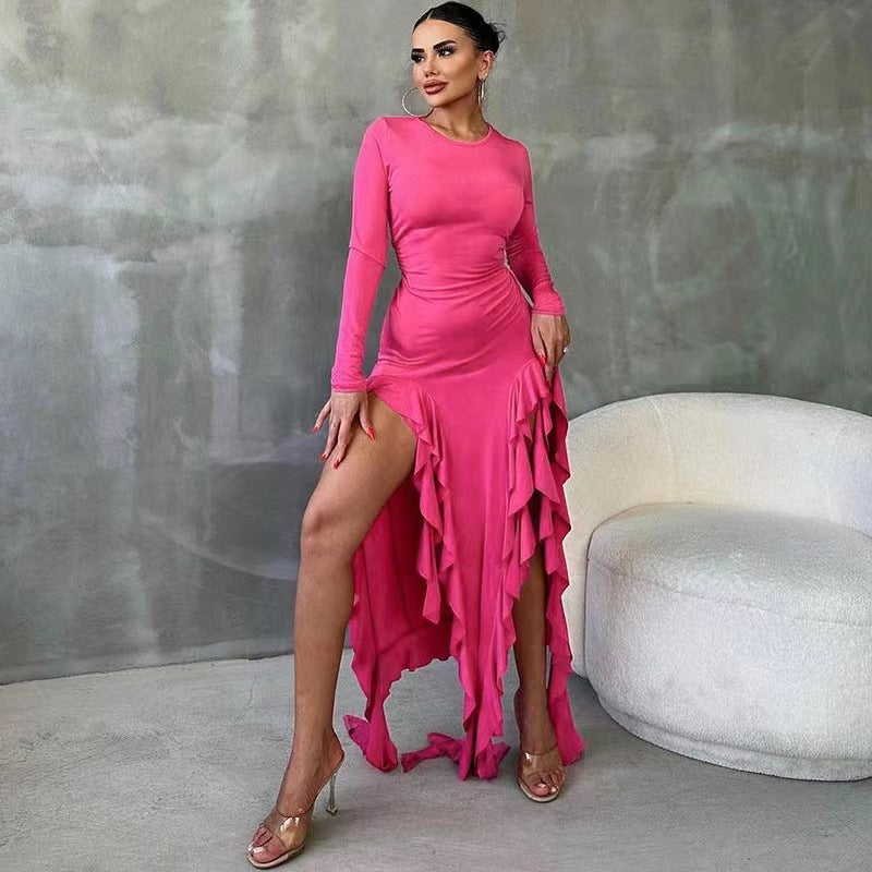 Fashion Trendy Round Neck Long Sleeve Slim Fit Split Dress with Ruffle Hem