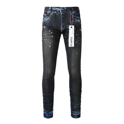 Mens Purple Skinny Jeans with Ripped Detail - Fashionable Denim Biker Pants with Patches and Printed Design