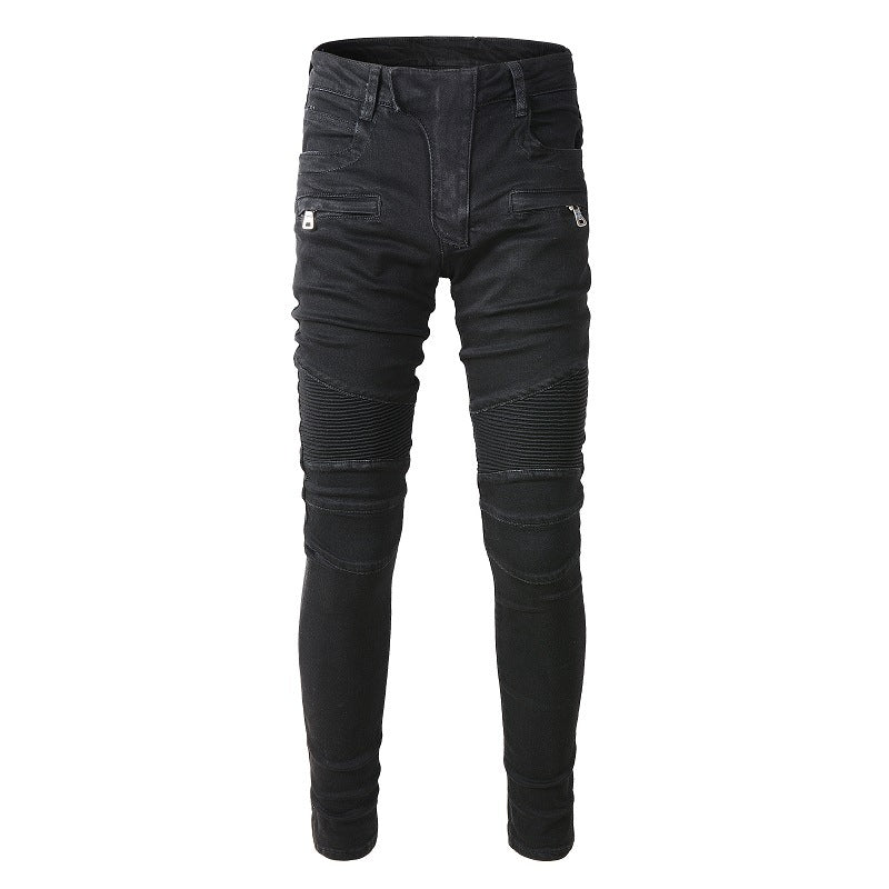 High Street Trend Multi-Pocket Stretch Slim-Fit Pants Knee Folds Locomotive Jeans