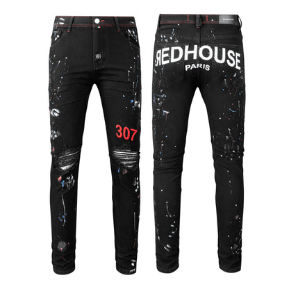 Slim Fit Straight-Leg Jeans with Ripped, Embroidery, and Paint Details for Street Style