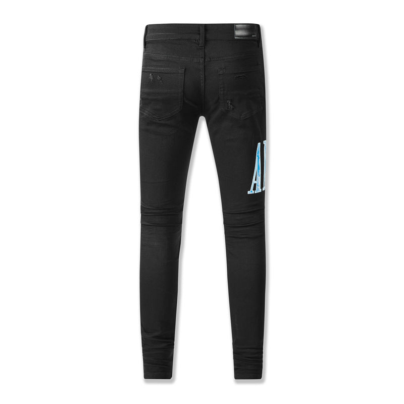 NEW THOM AMIRI Black wear blue letters vintage personality fashion Ripped jeans 8805