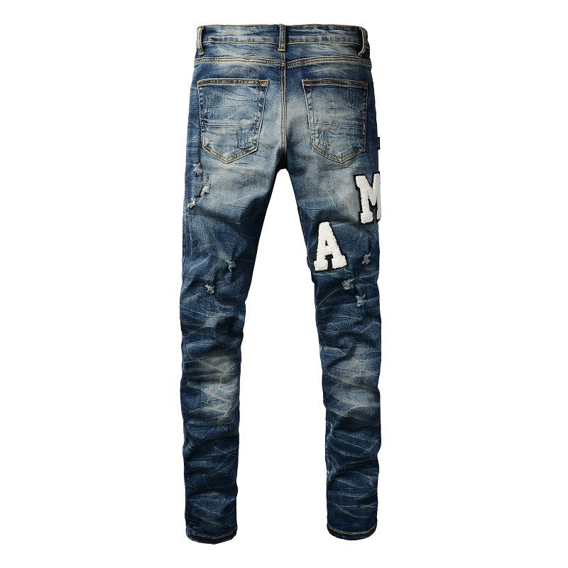 European and American High Street Jeans Embroidered Letter Ripped Patch Elastic Slim-fitting Pants #1314