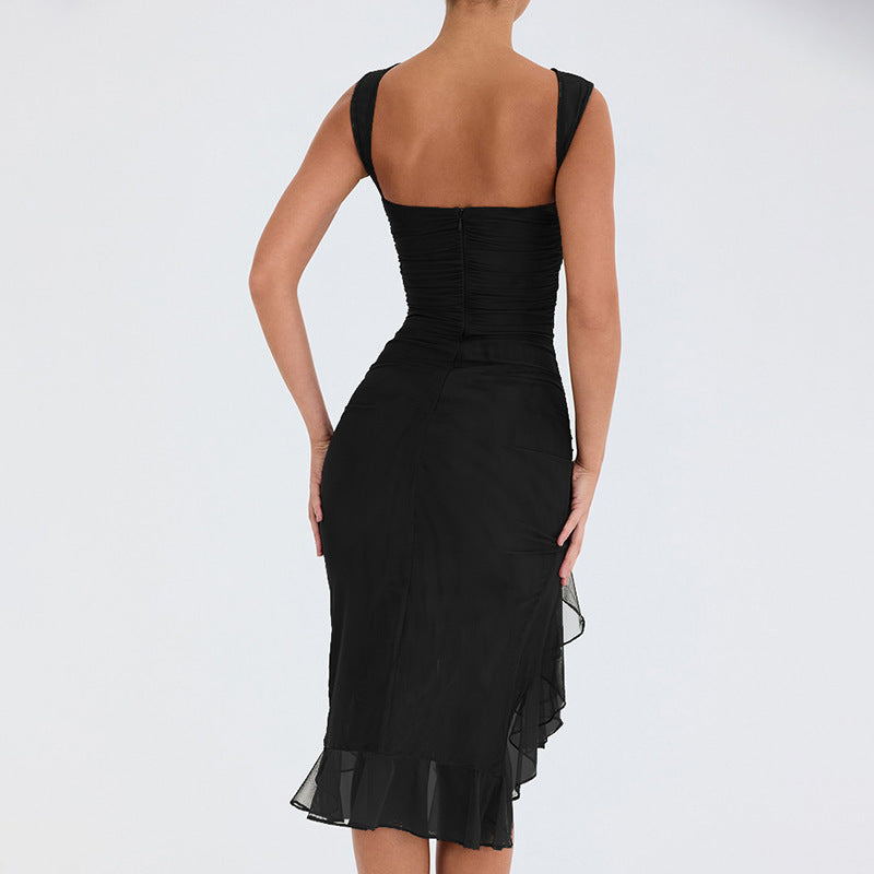 New Fashionable Round Neck Sleeveless Fitted Backless Ruched Double-Layer Dress D1993670