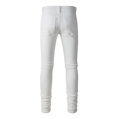 High Street Trendy White Slim-Fit Elastic Ripped Patch Denim Casual Pants #843