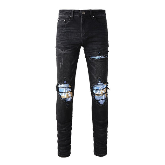 American Street Washing Craft Letter Patch Jeans Retro Men's Stretch Slim Jeans