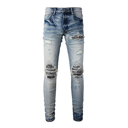 6666 High Street Trendy Brand Ripped Patch Jeans Retro Men's Elastic Slim High Street Denim