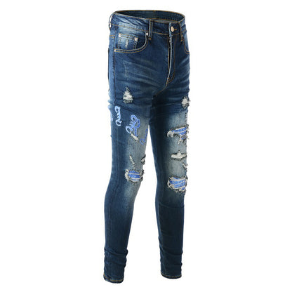 TRENDAMIRI European and American Street Trendy Brand Ripped Patch Jeans High Street Embroidery Letters Slim Feet #838