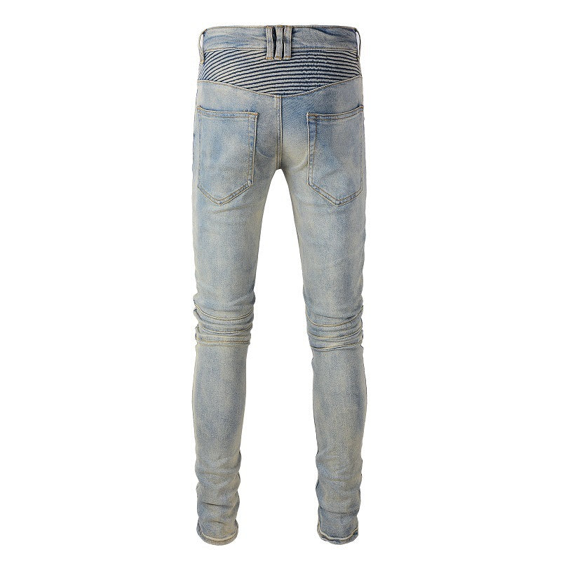 Trendy Man Personality High Street Trendy Brand Locomotive Men's Retro Old Splicing Jeans