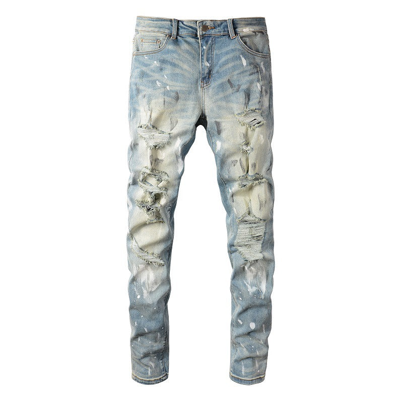 Cross-border Jeans Trendy Brand Retro Paint Ripped Patch Men's Jeans Slim Fit (6530-8830)