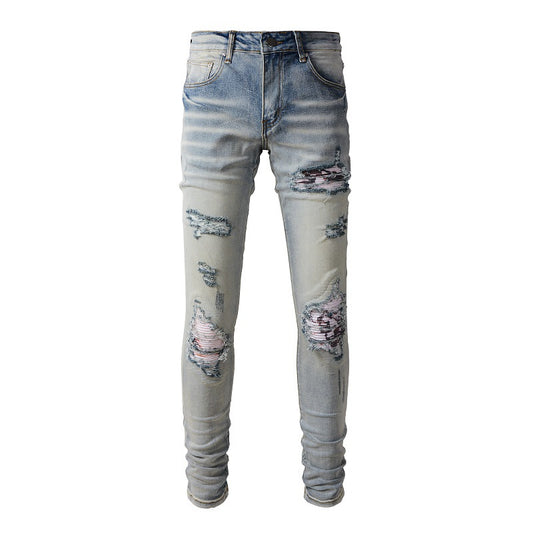 SoldOut European and American Street Tide Ripped Patch Jeans High Street Tide Slim Pants Denim