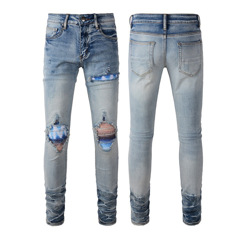 Personalized Printing Ripped Patch Jeans for Men, A Large-size Jeans for Foreign Trade