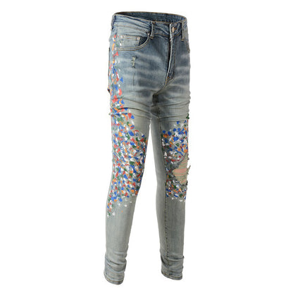 Street Denim Casual Trousers Micro-elastic Cotton Youth Blue Paint-splashed Skinny Jeans #868