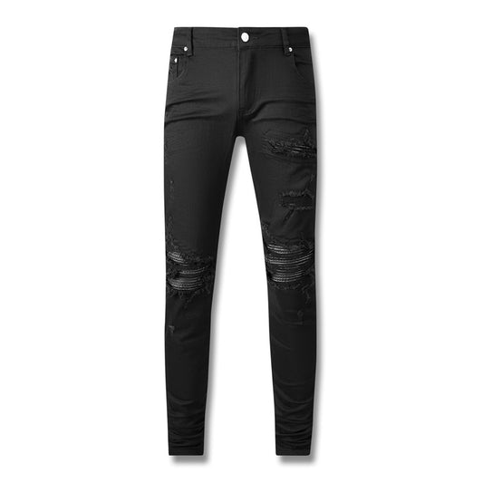 Black Distressed Jeans 602 with Faux Leather Patchwork for an Edgy Look