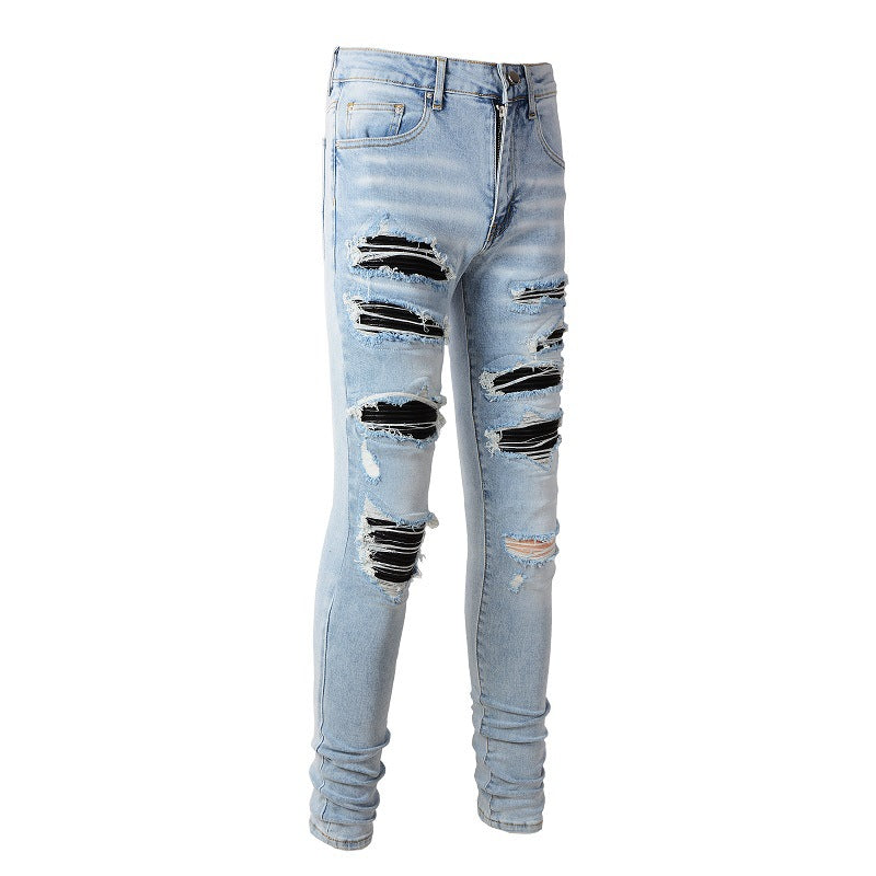 1307 European and American High Street Jeans Sticker Hand worn Ripped Jeans Slim fitting and Thin Small Feet Jeans