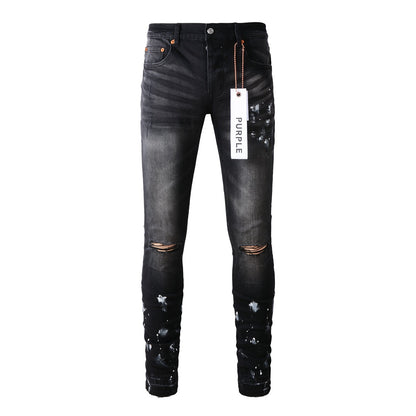 Jeans Purple Brand With High Street Black Paint Distressed 9002 7025 Fashion Pants