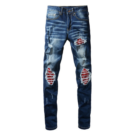 1318 European and American Trendy Brand High Street Ripped Patch Jeans Blue Men's Jeans Korean Version