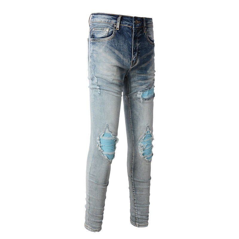 High Street Jeans Trendy Men's Ripped Eye-catching Blue Patch Beggar Jeans Korean Version #1332