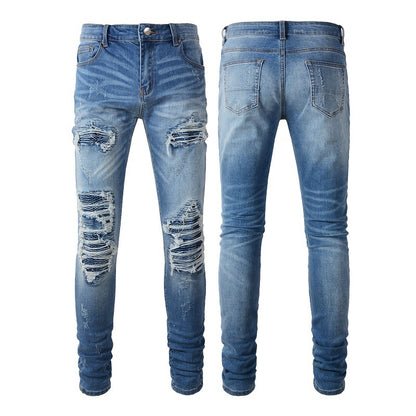 High Street Jeans Trendy Men's Ripped Patch Beggar Jeans Korean Version #6513