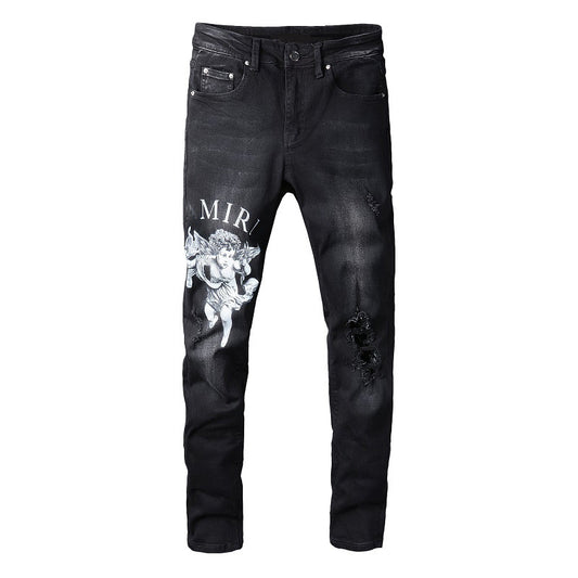 Street Letters Angel Pattern Digital Print Denim Micro Elastic Cotton Black Skinny Jeans