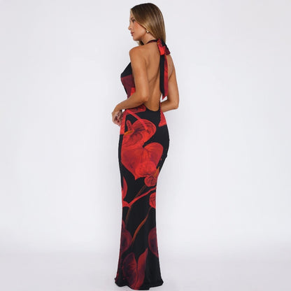 New Fashion Sexy Slim Fit V-Neck Halter Dress with Floral Print for Hot Girls  D1993530