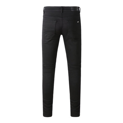 Slim Fit Black Stretch Jeans with Versatile Design and Faux Leather Panels