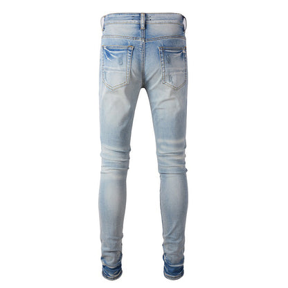 High Street Trendy Jeans Men's Ripped Patch Jeans Trendy Slim-Fit Pants