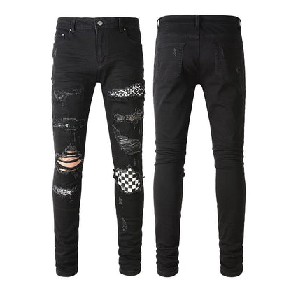 8538 Trendy High Street Ripped Patch Diamond-encrusted Thin Men's Jeans Slim Fit