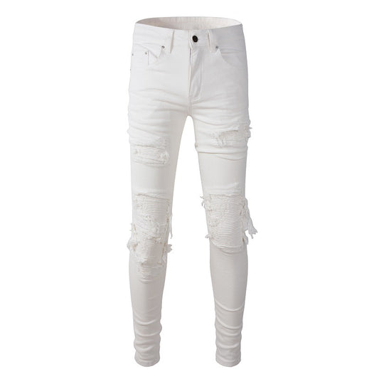 High Street Trendy Men's Slim-Fit Jeans Ripped Patch Trendy Brand Pants White Casual Jeans 592