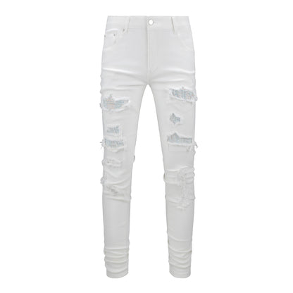 Men's Tight Fit White Jeans with Rhinestone and Patchwork for Street Style