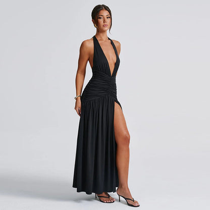 New Fashionable Sexy Fitted V-Neck Solid Color Halter Neck Dress with Side Slit for a Flirty Look D1993554