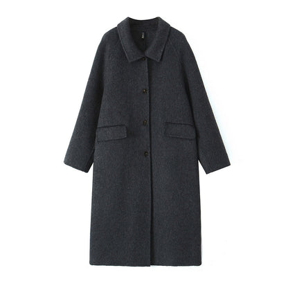 New Elegant Long Wool Coat with Turn-Down Collar